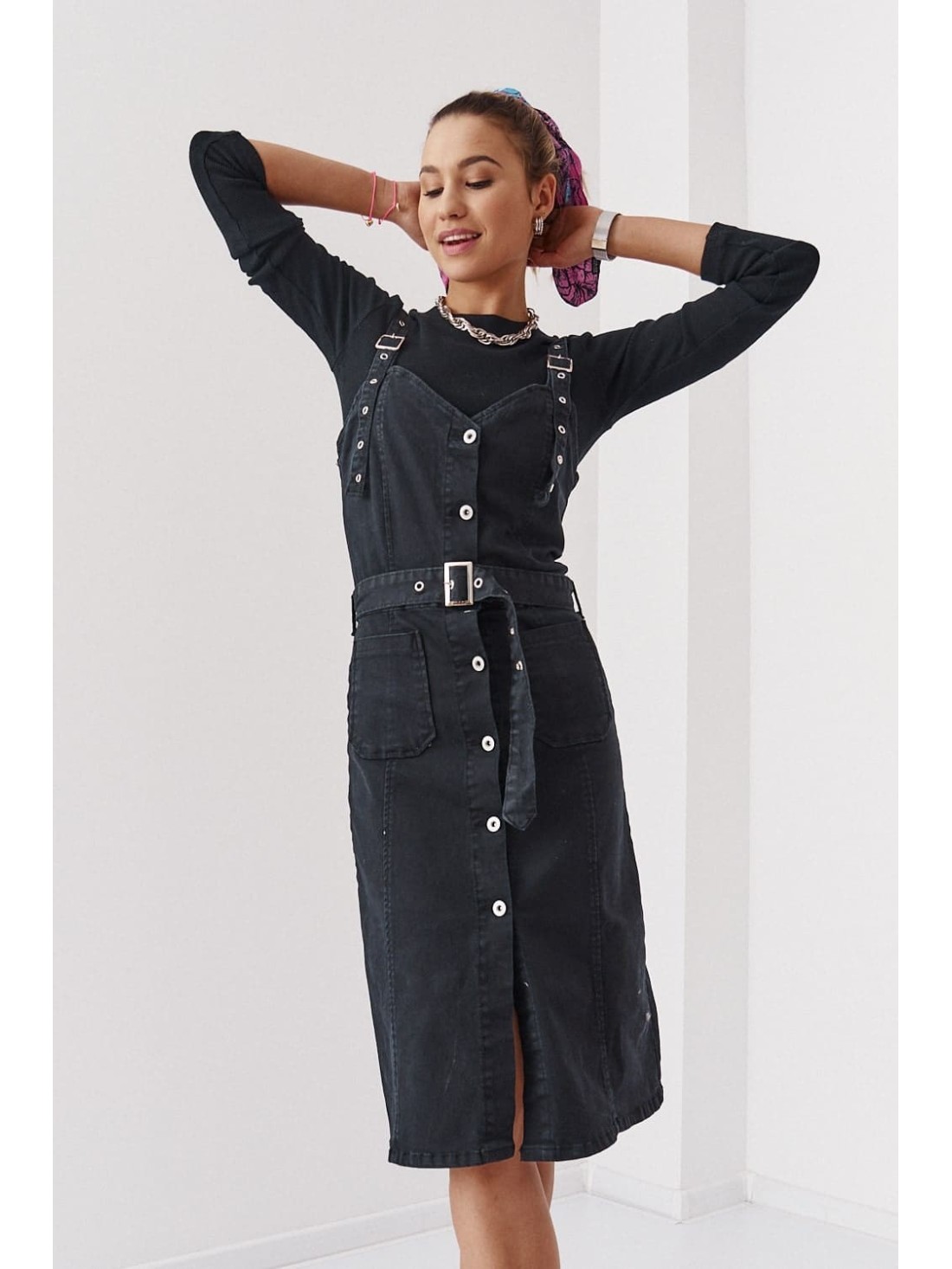 Rochie din denim cu bretele reglabile, neagra 9014 - Magazin online - Boutique